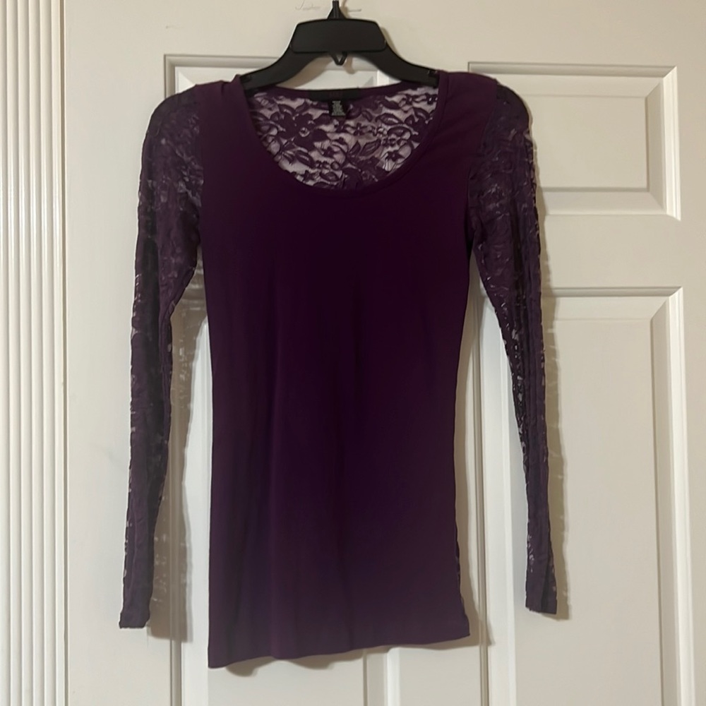 Nina long sleeve medium purple shirt with all lace sleeves and back.